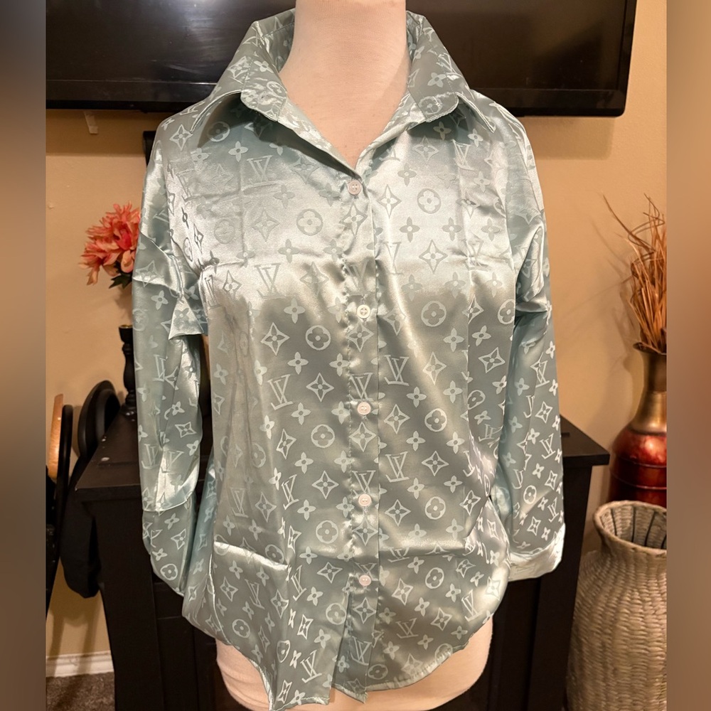 Teal Monogram Silk Button Down Top - image 1
